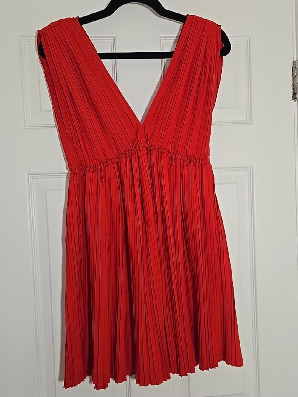 ✨Zara Red Accordion Pleated Deep V Mini Dress S Tie Back Cocktail Party